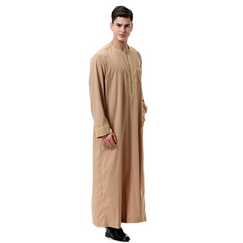 Lenmipot Men's Muslim Clothes Durable Kaftan Robe Dubai Long Gown Ethnic Clothes,1pc Soft Robe - color: A Light Tan, size: Large