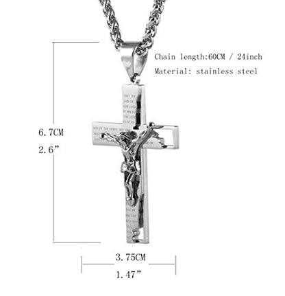 HZMAN Men's Stainless Steel Cross Crucifix Bible Prayer Pendant Necklace - color: Silver