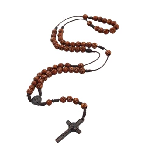 Fuqimanman2020 Christian Handmade Wooden Catholic Rosaries Necklace, Prayer Beads Holy Soil Medal & Cross, Catholic Wooden Rosary Beads - color: Rose Beads