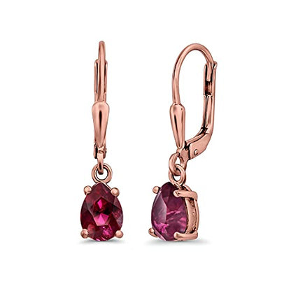 Teardrop Bridal Dangling Leverback Earrings Pear Cubic Zirconia 925 Sterling Silver - color: Rose Tone, Simulated Ruby CZ
