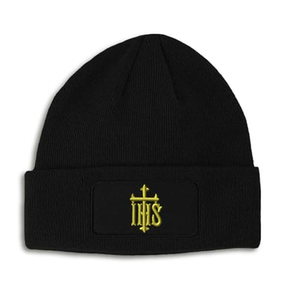 Custom Patch Beanie Ihs Cross Jesus Christ Religious Christian Faith Skull Cap Hats for Men & Women Acrylic - color: Black Design Only
