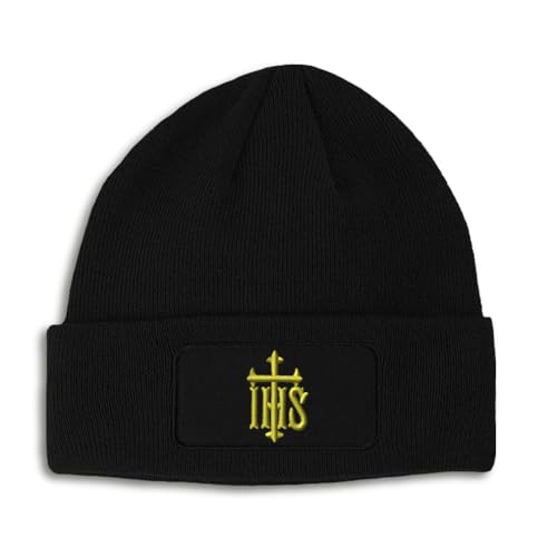 Custom Patch Beanie Ihs Cross Jesus Christ Religious Christian Faith Skull Cap Hats for Men & Women Acrylic - color: Black Design Only