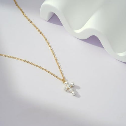 Cross Necklace for Women, Dainty 14K Gold Plated CZ Pendant - color: Gold-pearl cross