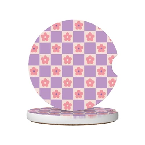 Checkered Pink Flower Car Coasters for Cup Holders,2 Pack Car Cup Holder Coasters for Car,Ceramic Absorbent Car Coaster with A Finger Notch and Cork Base,Car Interior Accessories for Women Men - color: Checkered Pink Flower
