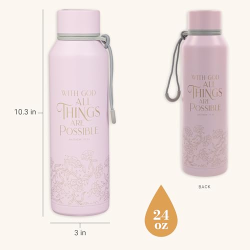 Christian Art Gifts Insulated Stainless Steel Water Bottle: All Things are Possible Bible Verse, Encouraging Gift for Women, Pink & Gold Floral Design, Leak-Proof Twist Cap, Carry Loop, 24 oz. - color: Pink Floral/All Things are Possible