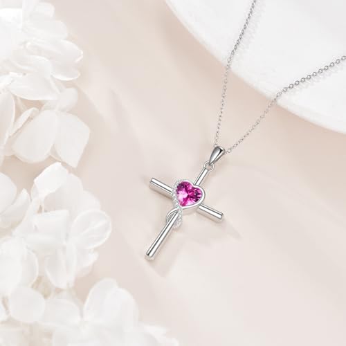 S925 Sterling Silver Cross Necklace for Women Birthstone Necklace Heart Infinity Cross Pendant Necklace Christmas Valentines Day Gifts Birthday Holiday Gifts for Her, 18"+2" Inches - color: 10-October Birthstone - Tourmaline