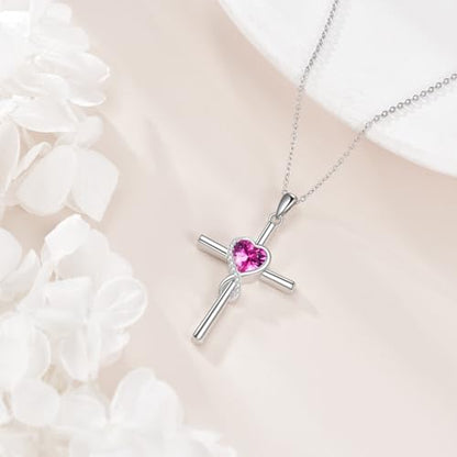 S925 Sterling Silver Cross Necklace for Women Birthstone Necklace Heart Infinity Cross Pendant Necklace Christmas Valentines Day Gifts Birthday Holiday Gifts for Her, 18"+2" Inches - color: 10-October Birthstone - Tourmaline