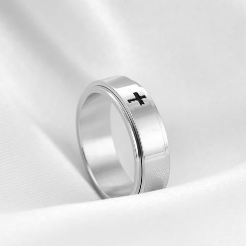 Minimalist Cross Stainless Steel Spinner Ring Anxiety Stress Relieving Rotating Fidget 6mm Band Rings for Men Women Christian Religious Relief Couple Cool Jewelry - color: silver 8