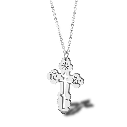 Stainless Steel Eastern Orthodox Cross Pendant Necklace,18K Gold Plated Women Religious Cross Christ Necklace Jewelry 18 Inch Chain - color: Silver