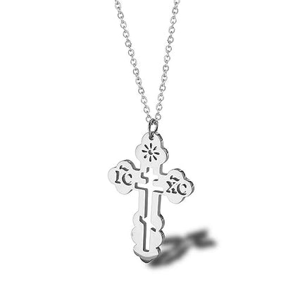Stainless Steel Eastern Orthodox Cross Pendant Necklace,18K Gold Plated Women Religious Cross Christ Necklace Jewelry 18 Inch Chain - color: Silver