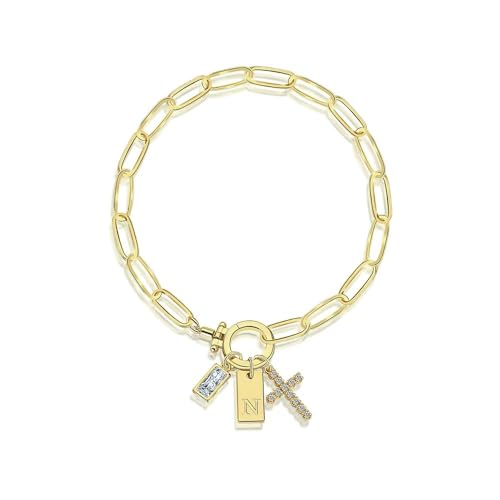 Initial Cross Charm Bracelet, 18K Gold Plated Dainty Paperclip Link Chain Bracelets for Women, Non Tarnish, A-Z Letter Bracelet Personalized Gifts Gold Jewelry for Women - color: Letter-N2