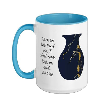 Bible Verse Jesus Christ Kintsugi Vase Gold Job Christian Ceramic Mug, Blue/White, 15oz - color: Blue/White, size: 15 Ounces