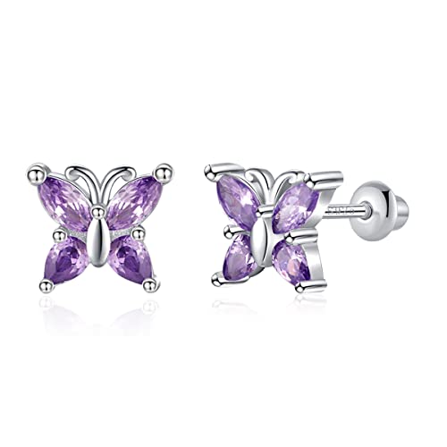 Butterfly Ladybug Unicorn Sloth Flamingo Dog Cat Turtle Angel Koala Daisy Panda Stud Earrings for Girls Women - Sterling Silver Hypoallergenic Animal Earrings with Secure Screw Backs - color: A1-Purple Butterfly