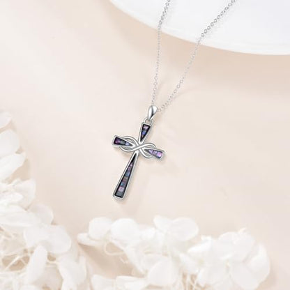 Infinity Cross Necklace S925 Sterling Silver Turquoise/Wooden/Opal/Abalone Cross Pendant Necklaces Christian Jewelry Gifts For Women - style: Abalone Cross-2
