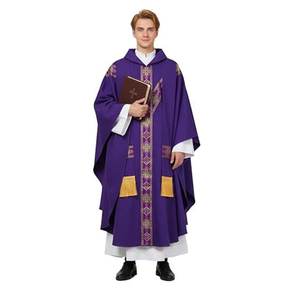 FAD-4U Church Catholic Priest Chasubles Vestments for Church Mass Vestments Robe with Stole - color: Purple&gold