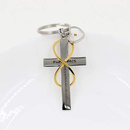 Uloveido Stainless Cross Infinity Keychain Mustard Seed Charms Psalm 46:5 Christian Bible Quote Keyring Baptism Gift - style: Heart Seed