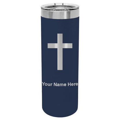 LaserGram Personalized 22oz Skinny Tumbler, Christian Cross (Navy Blue) - color: Navy Blue