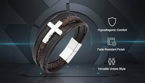 Stainless Steel Braided Leather Bracelet for Men Cuff Bangle Cross - color: Brown&White