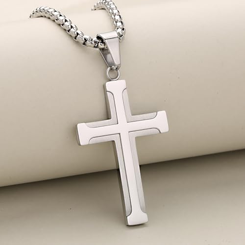Cross Necklace for Men, Stainless Steel Black/Silver Cross Pendant Religious Necklace Christian Jewelry Chain 60 cm/23.6 inches - color: Silver