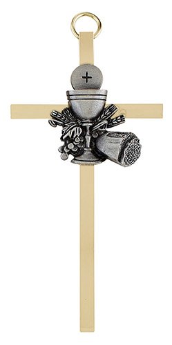 Christian Brands First Communion Chalice Wall Cross - 4.25" H - Gold Plate Cross/Antique Pewter Finish Emblem - 4 Pack - James Brennan - Gift Boxed - B65P04