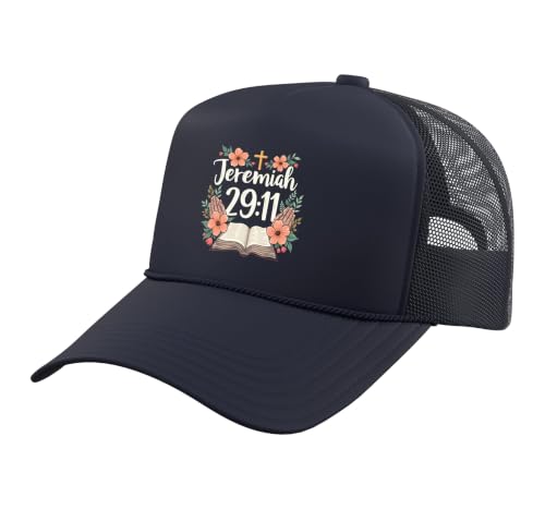 Jeremiah 29:11 Bible Verse Flowers Christian Faith Women Trucker Hat with Adjustable Mesh Back - color: Navy Blue