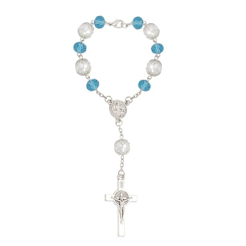 One Decade Car Rosary, St. Benedict Medal Interior Rear View Mirror Charm Auto Rosary, Catholic Rosary Hanging Pendant, Interior Men Women Car Accessories (Blue) - color: Blue
