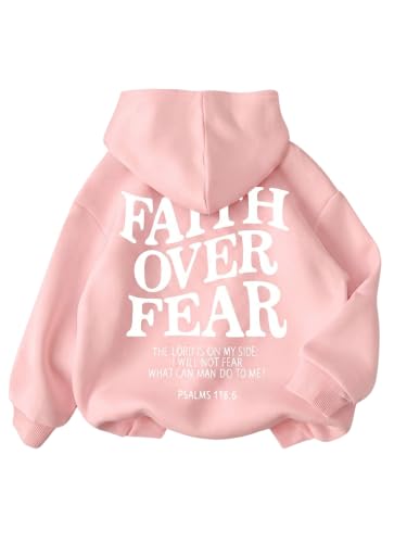 BANGELY Faith Over Fear Hoodie Girl's Christian Sweatshirt Long Sleeve Tops - color: Pink, size: 9-10 Years