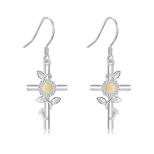 Flower Cross Earrings 925 Sterling Silver Daisy Butterfly Lily Violet Mushroom Dangle Drop Earrings Birth Flower Jewelry for Women Birthday Christmas Gifts - style: Daisy Cross