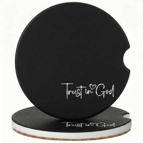 Trust in God Car Coasters for Cup Holders, Absorbent Ceramic Anti Slip Universal Car Interior Accessories Cup Coaster for God Lover (Black, 2 Pack)