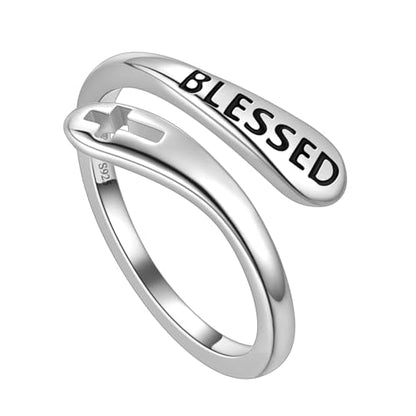 Jewmon 925 Sterling Silver Faith Cross Ring Adjustable I am Enough Inspirational Ring Engraved Bleassed Ring Encouragement Statement Ring for Women Chritian Jewelry Communion Baptism Chritian Gifts - color: A, Blessed Ring Silver