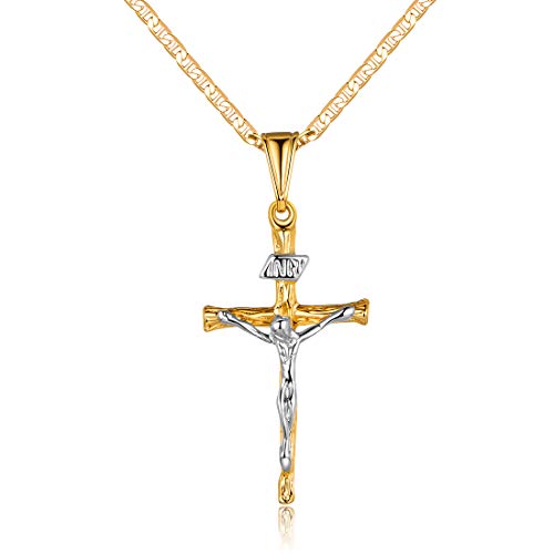 Barzel Cross Necklace for Women & Men 18K Gold Plated Flat Mariner/Marina 060 3MM Chain Necklace With Cross Pendant. - color: Two Tone Cross