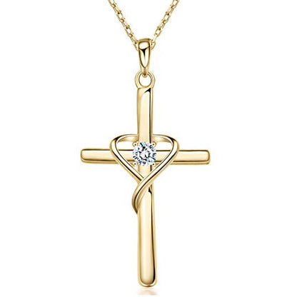 AmorAime 925 Sterling Silver Cross Necklace for Women Men 14K Gold Plated 5A CZ Birthstone Necklaces for Holiday - color: Z-Gold