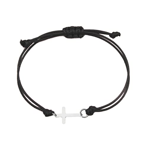 COLORFUL BLING Gold Silver Stainless Steel Sideways Cross Bracelet Adjustable Braided String Faith Hope Blessed Woven Rope Wrist Cuff for Men Women Protection Amulet Jewelry - color: silver black