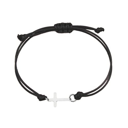 COLORFUL BLING Gold Silver Stainless Steel Sideways Cross Bracelet Adjustable Braided String Faith Hope Blessed Woven Rope Wrist Cuff for Men Women Protection Amulet Jewelry - color: silver black