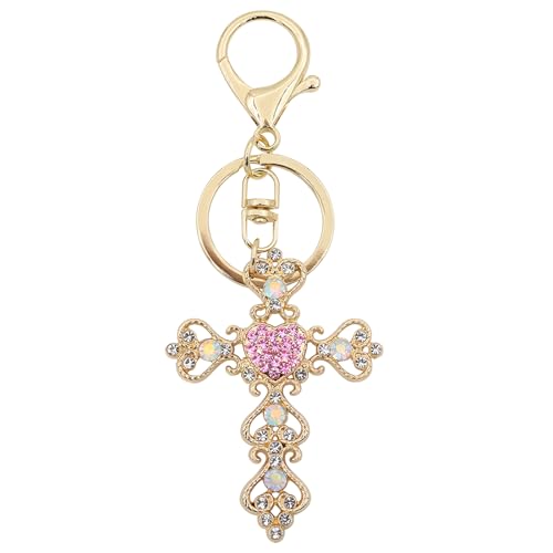 TTYY Stylish Rhinestone Cross Keychain - Sparkling Christian Car Key Ring for Women Men,Religious Gift for Purse Backpack Bag - color: Pink