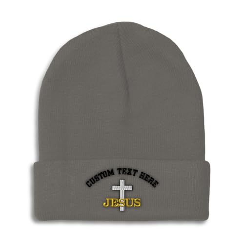 Custom Beanies for Men Christian Cross Jesus Faith Jesus Christ Skull Cap Winter Hats for Women One Size - color: Dark Grey Personalized Text Here