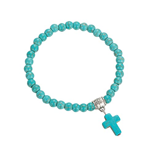 Softones 6mm Bead Cross Pendant Bracelet for Women Healing Stone Stretch Prayer Bracelet for Women,with Gift Box - color: Turquoise