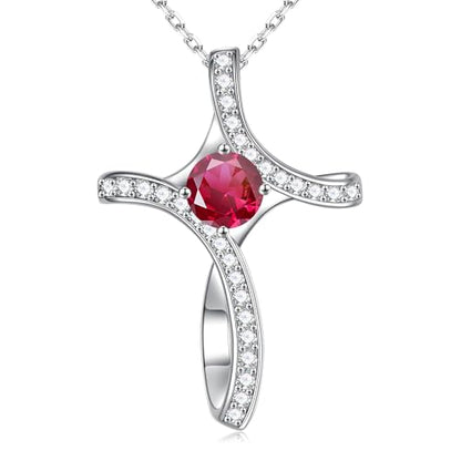 Iefil Cross Necklace for Women - Birthstone Necklace for Women Wife Her - color: 07-July-Ruby Red