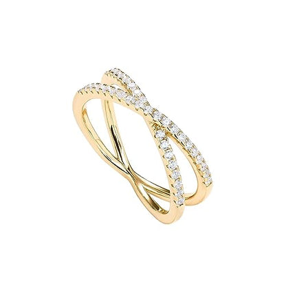 PAVOI 14K Gold Plated X Ring Simulated Diamond CZ Criss Cross Ring for Women - color: Yellow Gold, size: 9
