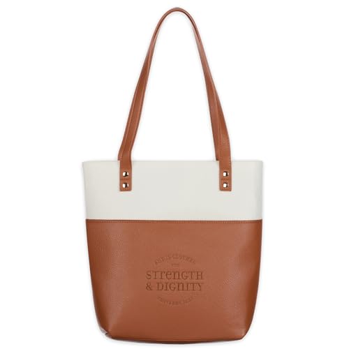 Christian Art Gifts Felt and Faux Leather Fashion Bible Cover Tote Bag for Women: Strength and Dignity - Proverbs 31:25 Bible Verse, Inspirational Durable Two-tone Tote Bag for Books and Supplies - color: Creamy Toffee/Strength & Dignity