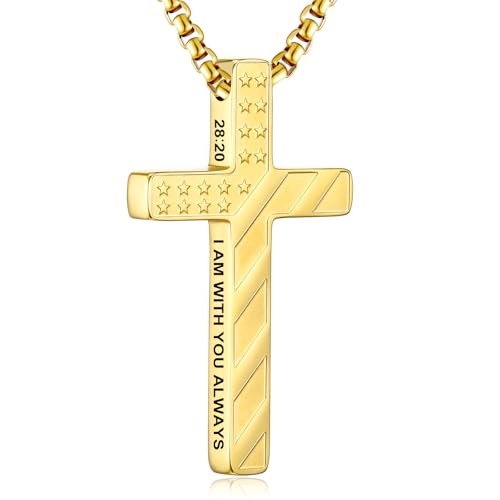 RWQIAN American Flag Cross Necklace for Men,Stainless Steel Bible Verse Cross Pendant Mens Chain,Crucifix Necklace for Christians Teen Baptism Gift Ideas Catholic Men Cool Stuff Personalized Gifts - color: Gold Plated, style: Matthew 28:20