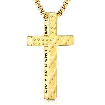 RWQIAN American Flag Cross Necklace for Men,Stainless Steel Bible Verse Cross Pendant Mens Chain,Crucifix Necklace for Christians Teen Baptism Gift Ideas Catholic Men Cool Stuff Personalized Gifts - color: Gold Plated, style: Matthew 28:20