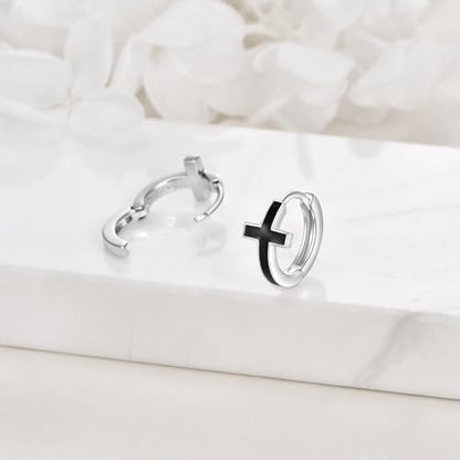 AOBOCO Black Hoops Earrings for Men Sterling Silver Viking Celtic Cross Heart Skull Round Triangle Hoop Earrings Birthday Father Day Christmas Jewelry Gifts for Men Women Friends - style: Cross Hoops