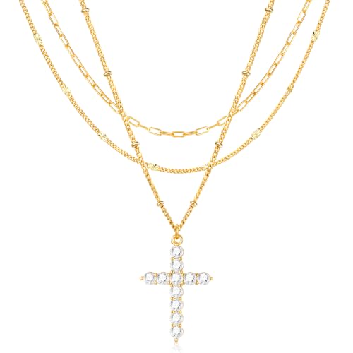 3PCS Gold Silver Layered Necklaces for Women Trendy - color: Gold&Cross