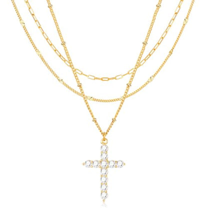 3PCS Gold Silver Layered Necklaces for Women Trendy - color: Gold&Cross