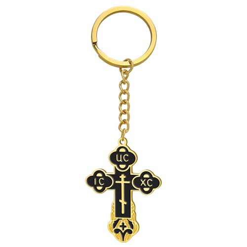 TEAMER Cross Keychain Russian Orthodox Crucifix Eastern Church Keychain Religious Christian Prayer Jewelry for Men Women - color: Black Gold