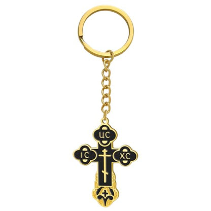 TEAMER Cross Keychain Russian Orthodox Crucifix Eastern Church Keychain Religious Christian Prayer Jewelry for Men Women - color: Black Gold