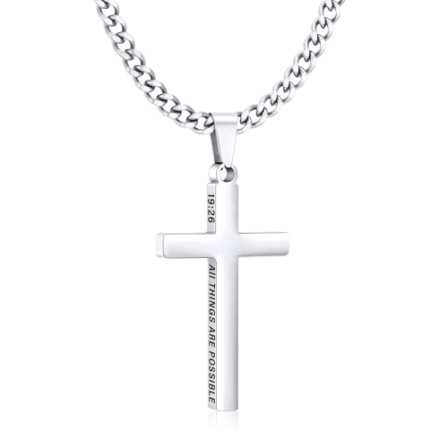 Gnamy Cross Necklace for Men Boys Stainless Steel Bible Verse Cross Pendant with Cuban Link Chain (22+2 Inches) | Christian Religious Jewelry Gifts - color: Silver, style: PHILIPPIANS 19:26