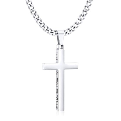 Gnamy Cross Necklace for Men Boys Stainless Steel Bible Verse Cross Pendant with Cuban Link Chain (22+2 Inches) | Christian Religious Jewelry Gifts - color: Silver, style: PHILIPPIANS 19:26