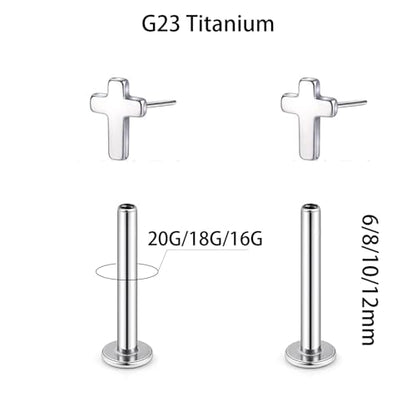 1 Pairs G23 Titanium 20G/18G/16G Press Fit Threadless Push Pop Top 4mm Flat Back Piercing Lip Stud Earring Labret Monroe Lip Ring Tragus Cartilage Bar Lehgth 6mm-12mm - color: 1 Pair Cross